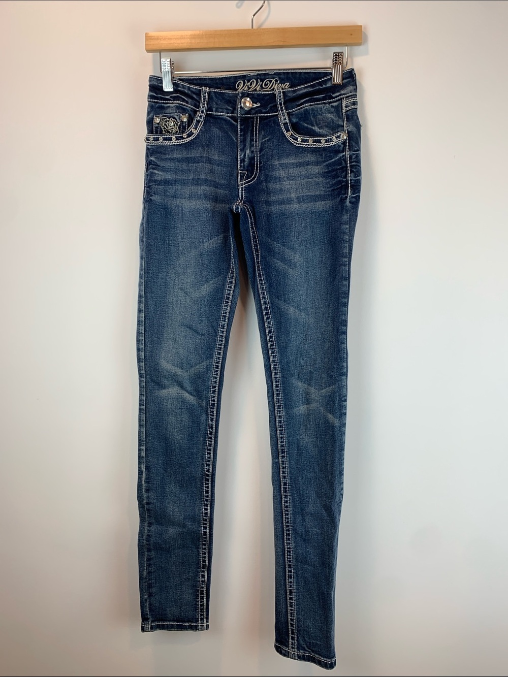 ViVi Diva skinny jeans sz 5 dark wash bedazzled embroidered floral western moto